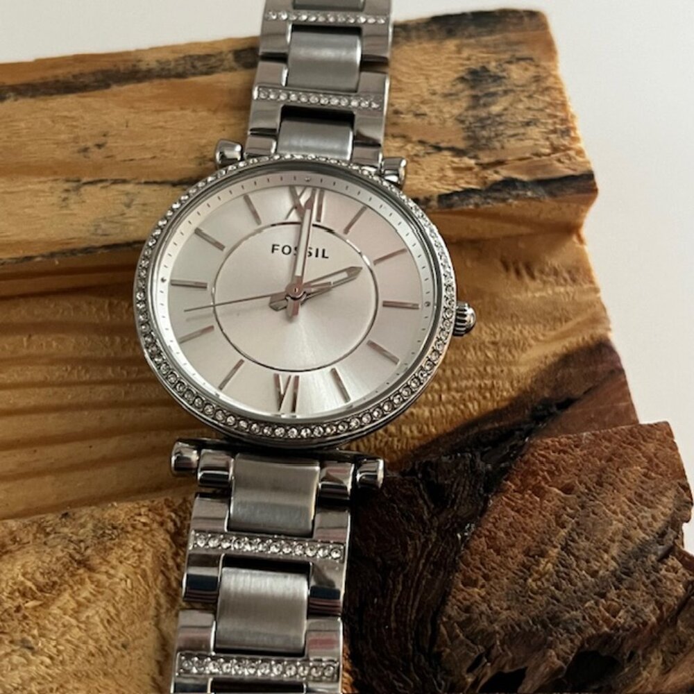 Fossil Stainless Steel Watch Round Face Rhinestone Accents Adjustable Band